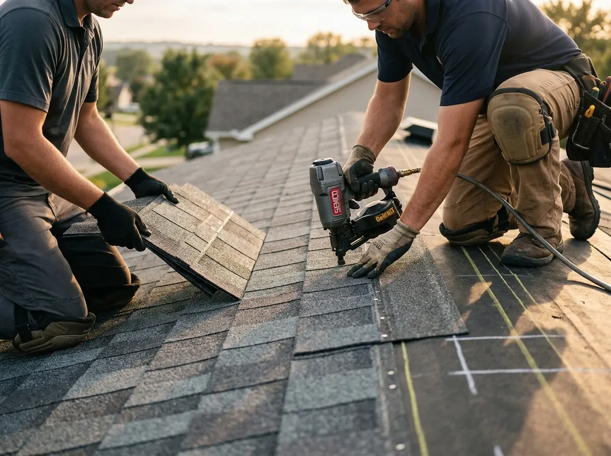 Professional roofer working on a residential roof in East Point